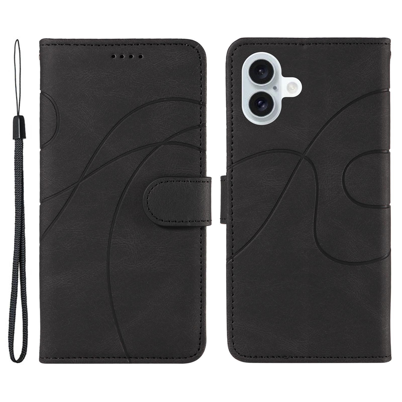 

For iPhone 16 Plus Case Curved Line Imprint Leather Wallet Stand Phone Cover Black