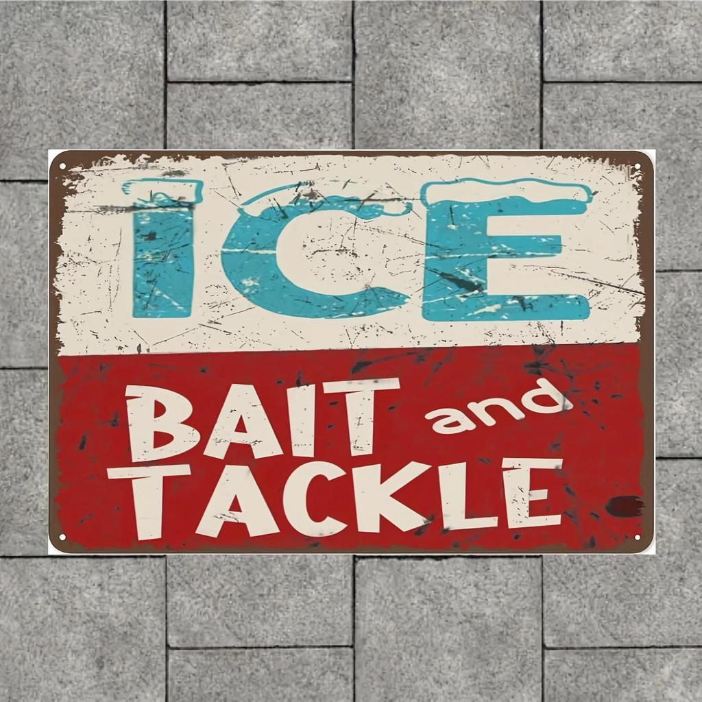Vintage Metal Tin Sign Ice Bait Tackle Fishing Decor - Universal Holiday Rustic Frameless Metal Sign for Marina, Shop, Lake H
