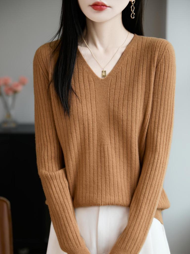 Women's V-Neck Ribbed Knit Sweater - Slim-Fit Long-Sleeve Top for Autumn/Winter 2025