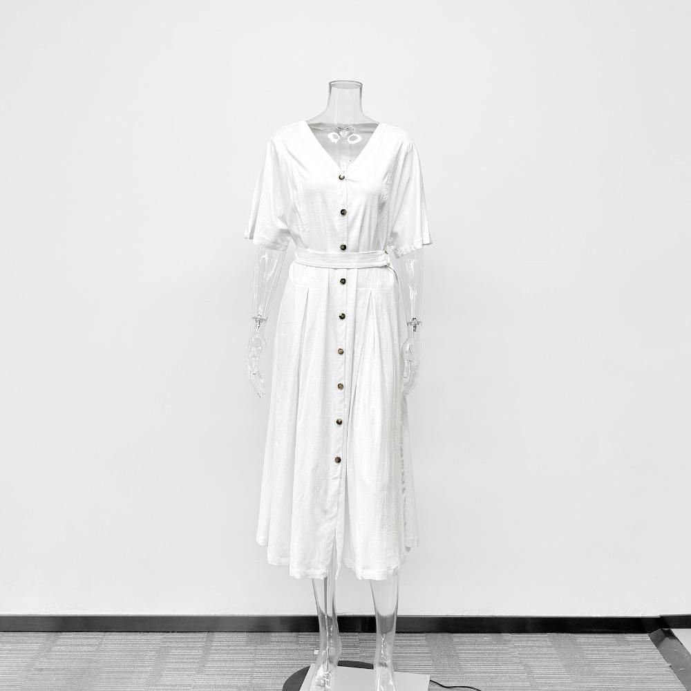 Women's V Neck Short Sleeve Midi Dress Loose Fit Elastic Waist Elegant Style Rayon Linen Blend A Line Dress With Button Belt