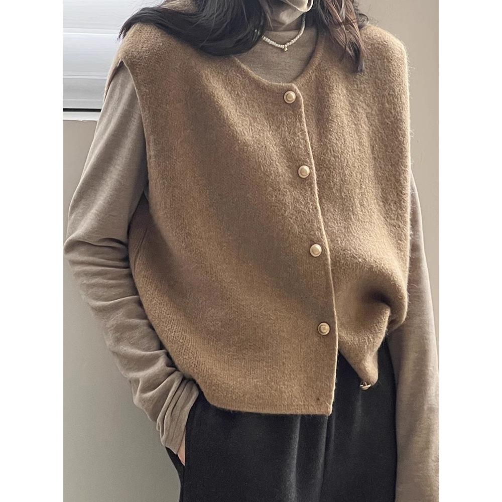 Crew Neck Women's Korean Solid Button Short Sleeve Cardigan Coats Sweater Knitted Sleeveless Ladies Elegant Tanks Bottoming