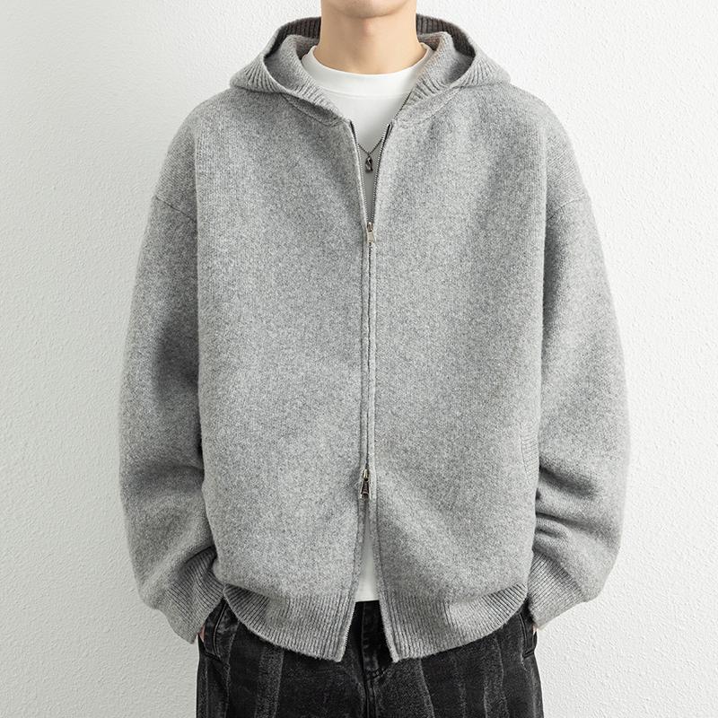 Legible Autumn Winter Casual Sweaters Men Solid Color Hooded Sweatercoats Male Loose Zip-up Knitted Cardigan Man