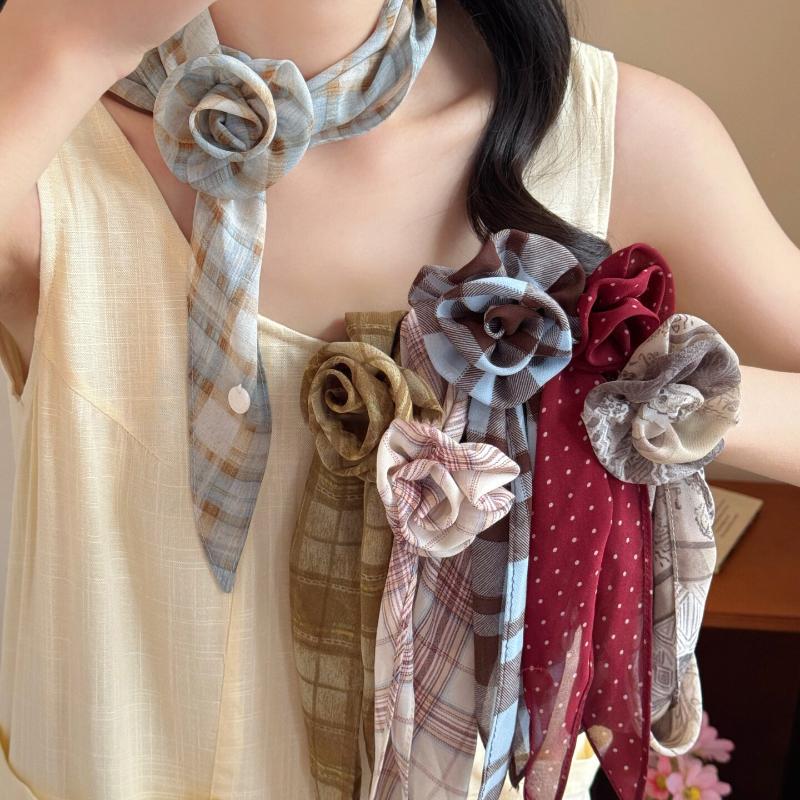 Spring Summer Colorful Polka Dot Floral Decorative Scarf Necktie Soft Lightweight Breathable Lace Up Accessory Fashion Decor