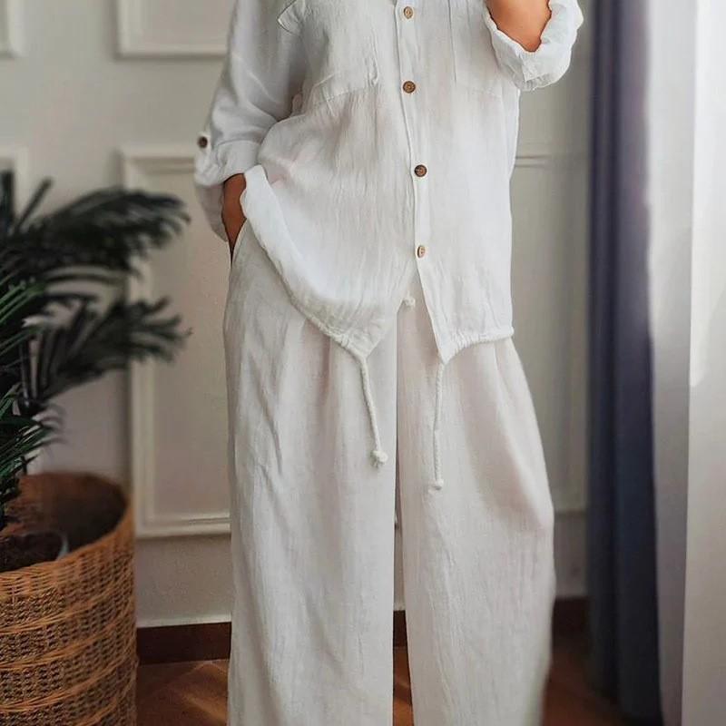 Women's Spring Casual Loose Cotton Linen Solid Shirt Wide Leg Pants 2-piece Set White Button Top Trousers Two Pieces Suits Women