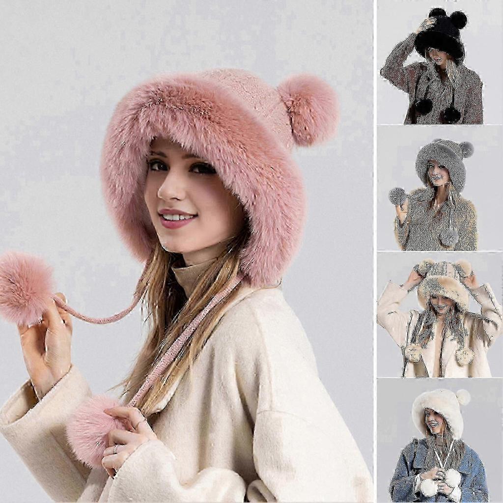 Winter Ladies Hat Fluffy Plush Thickened Heat Retention Ball Decor Ear Protection Solid Color Windproof Outdoor Camping Cycling Skiing Headwear -3-10
