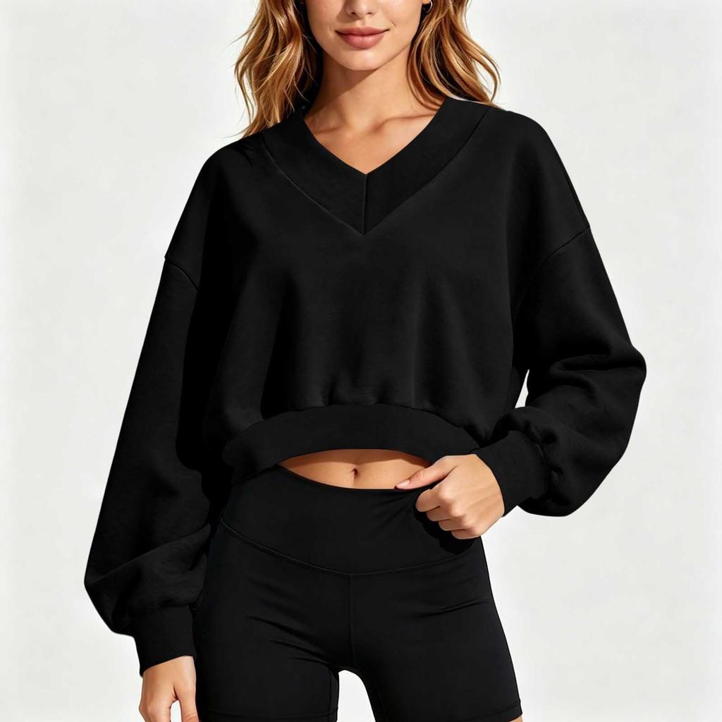 Women's Casual V Neck Long Sleeve Cropped Sweatshirt for Everyday Wear