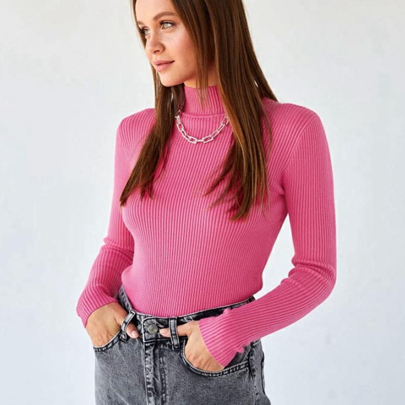 Frauen Herbst Winter Einfarbig Halb Stehkragen Langarm Pullover Slim Fit Stricken Tops