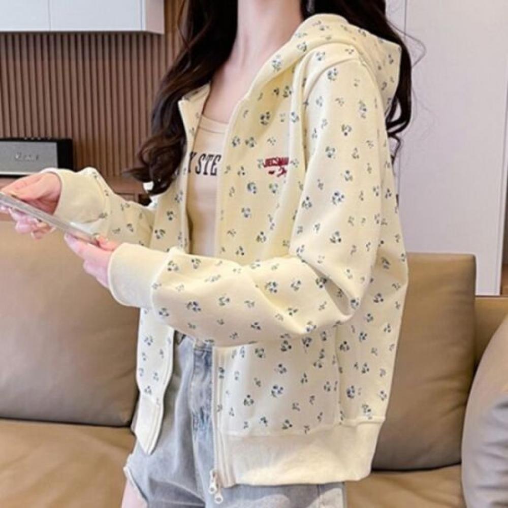 Navava Women Flower Pattern Long Sleeve Hooded Zip Up Nc168