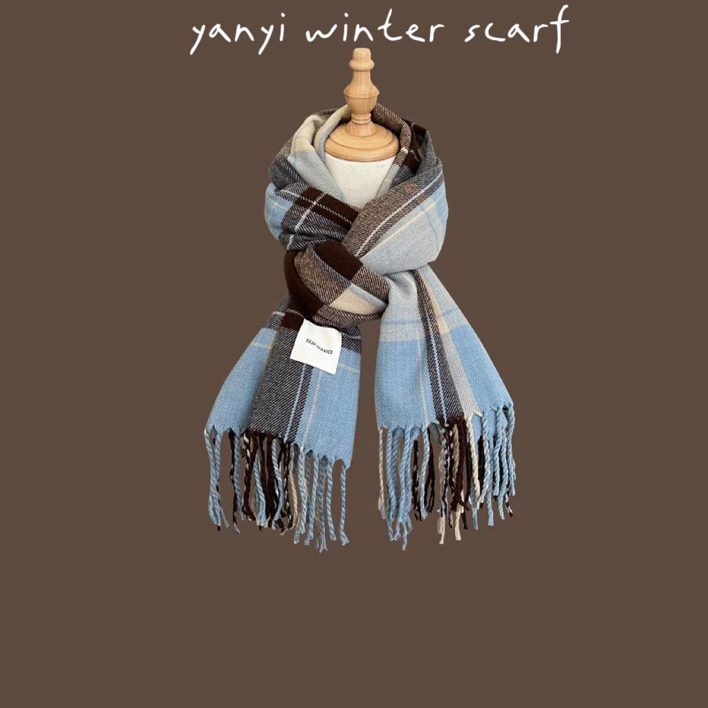 Women's Autumn & Winter Plaid Scarf: Thick Imitation Cashmere Shawl, Solid Color Neck Warmer for Students