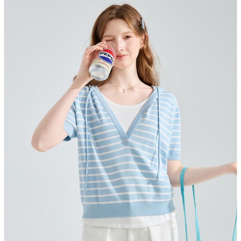 Women's Striped Hooded Short-Sleeve Knit Top