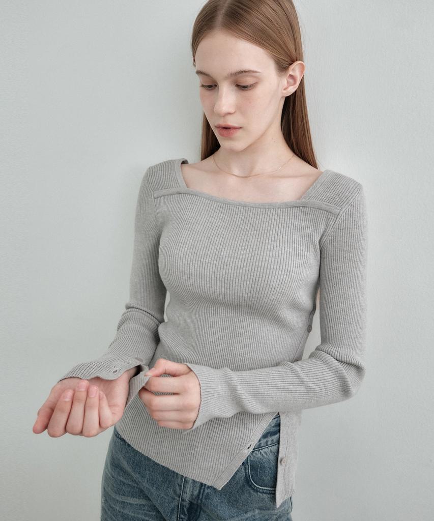 MONGDOL Square Neck Layered Diagonal Button Ribbed Knit Top Mdkt123_6 Colors