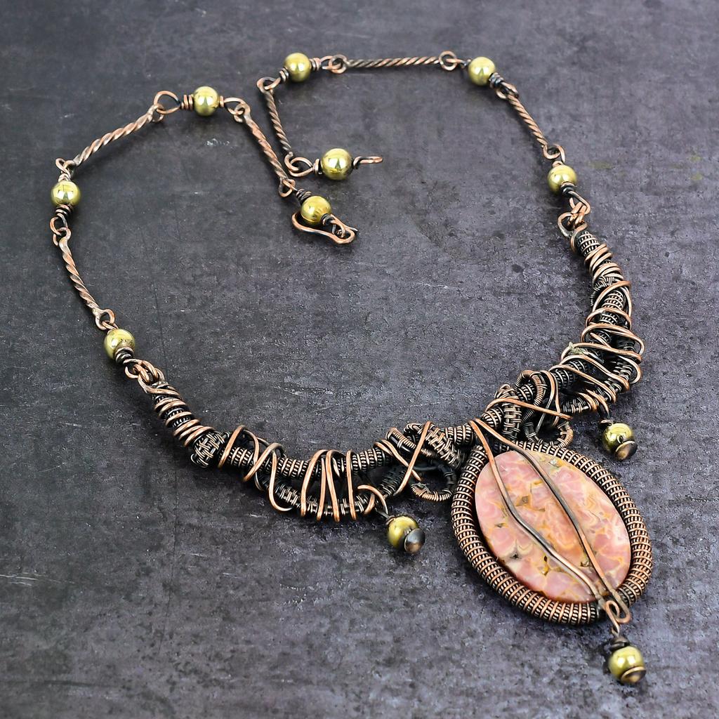 Natural Pink Opal Gemstone Handmade Copper Wire Wrap Jewelry Necklace 18" H2h40