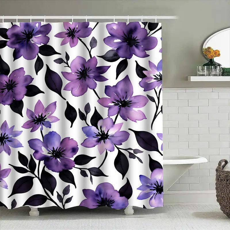 GAEBeautiful Purple Floral Shower Curtain Black White Watercolor Print Bathroom Decor Decoration Quick Dry Polyester FabricMod