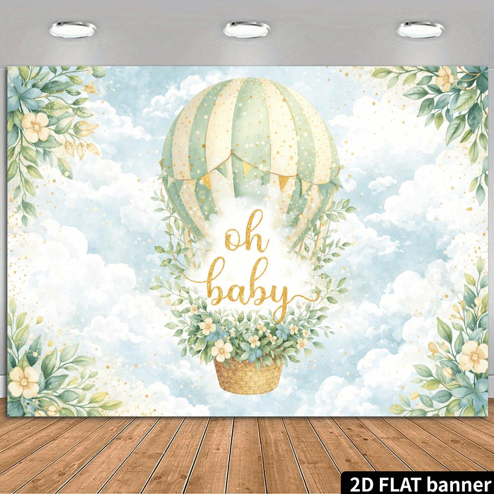 Hot air balloon oh baby baby shower backdrop fabric. Hot air balloon white clouds green plants scene. Polyester. 100x150cm