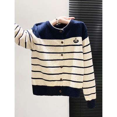 Kontrastfarben gestreifter bestickter Strick-Cardigan Damen Frühling und Herbst Neu Locker und dünn Lässiger fauler Stil Pullover-Oberteil