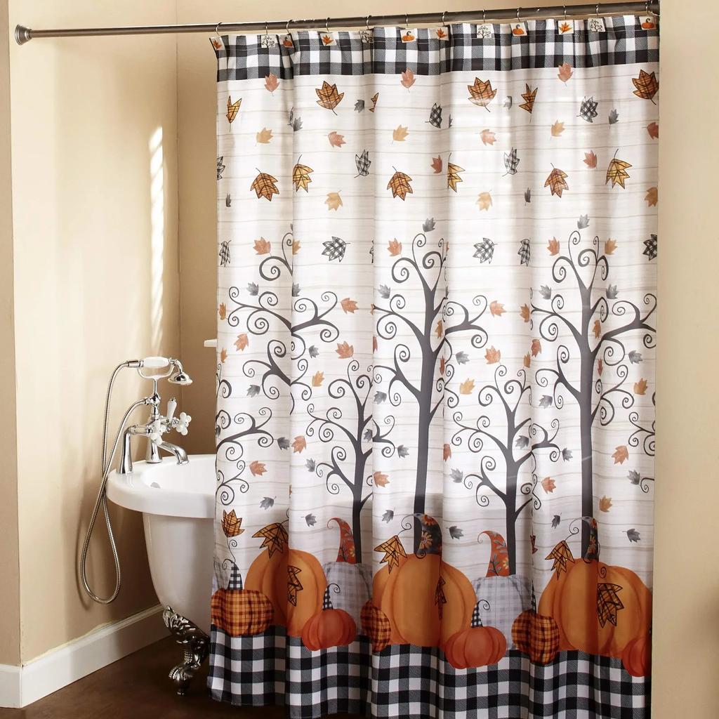 Autumn Fall Shower Curtains Brown with Thanksgiving Harvest Pumpkin Bathroom Curtain for Halloween Party Home Decor with Hooks