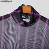 INCERUN Men High Neck Striped Mesh Sheer Stitching Irregular Party Club T-shirts Tops