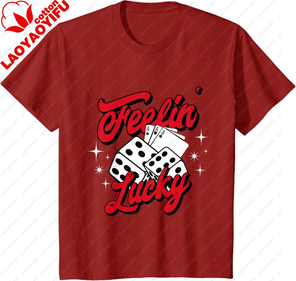 Feelin Lucky Gambling Casino Cards and Dice TShirt  Clothes for Man Black Street Short Sleeve Tee
