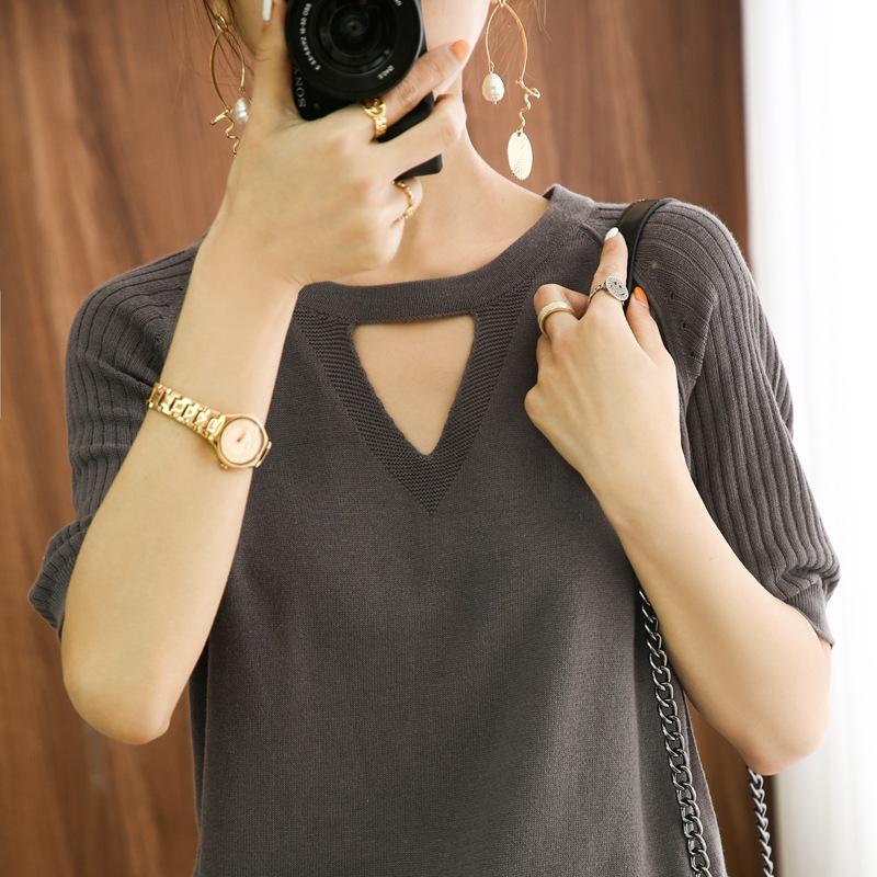 

Женская летняя футболка с круглым вырезом, короткими рукавами, из полой хлопковой нити, нового дизайна, свободного кроя, с рукавами до локтя, универсальная базовая футболка-топ XXL