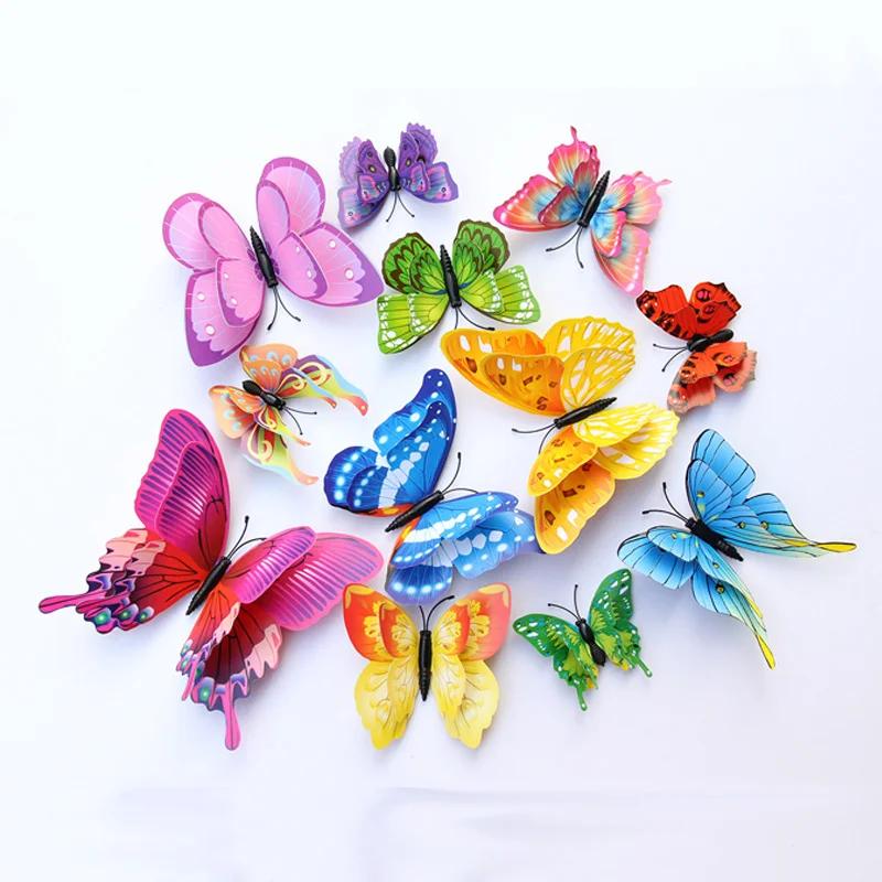 12Pcs Mixed Color Double Layer Butterfly 3D Wall Sticker for Wedding Decoration Magnet Butterflies Fridge Stickers Home Decor