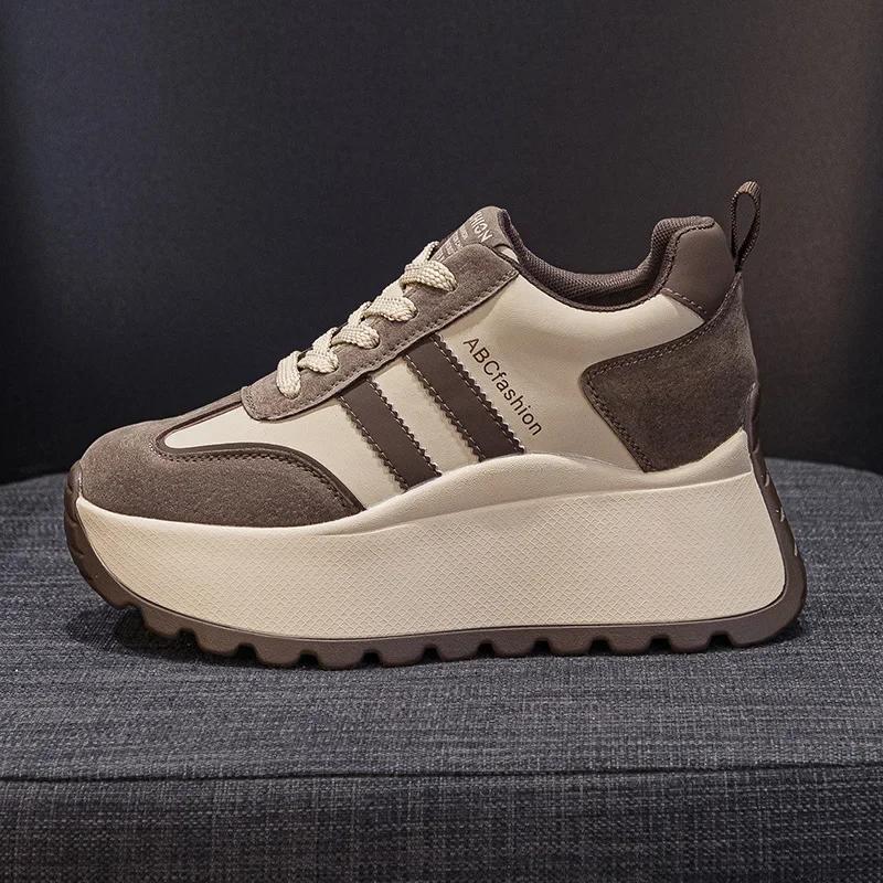 Fashion Top quality 8cm Genuine Leather Platform Wedge Women Spring Autumn Chunky Sneakers Shoes Breathable Comfortable Vulcanize boots