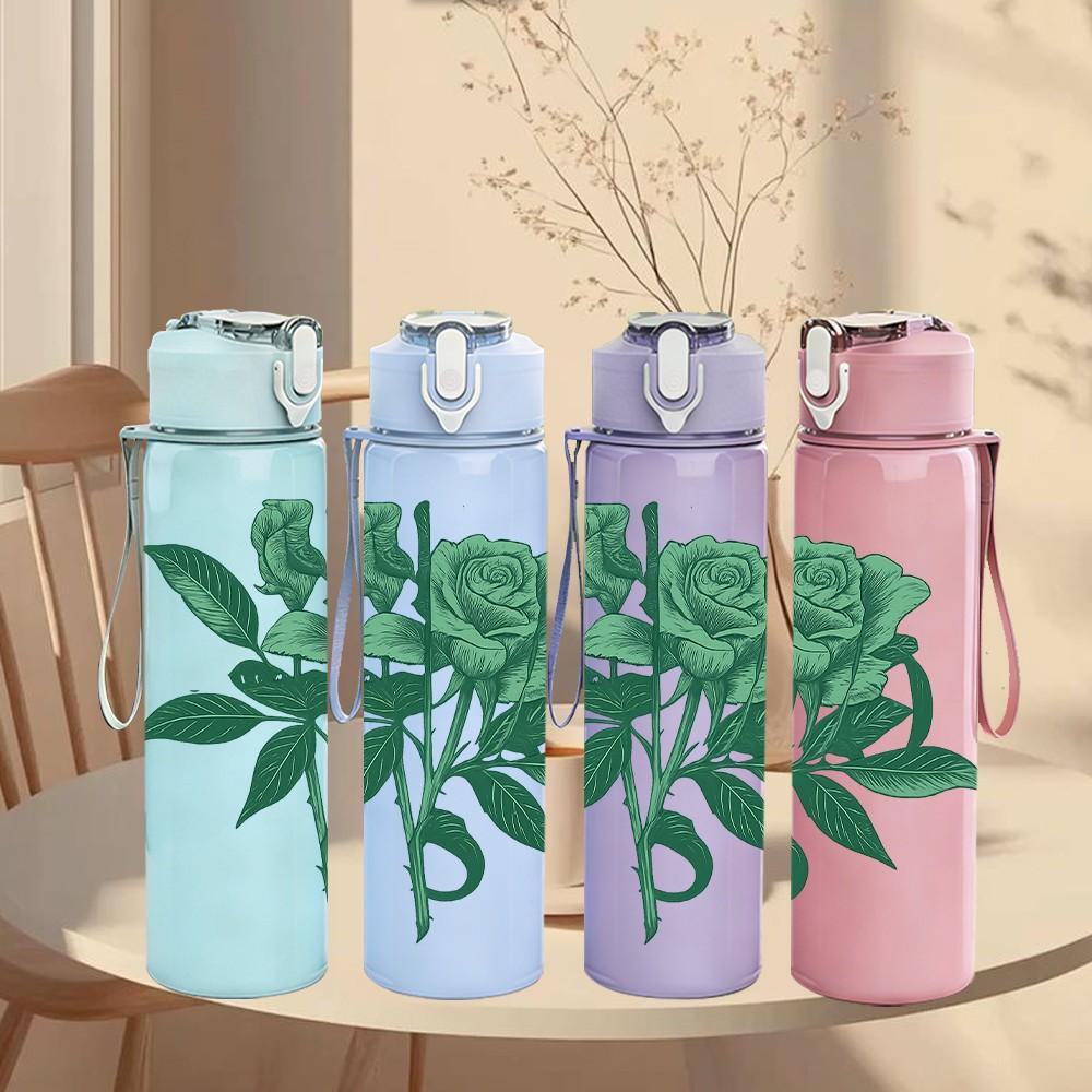 1PC Red Rose Flower 750ml Color Plastic Sports Water Bottle Leakproof Flip Straw Lid Suitable for Sports Office Home Use