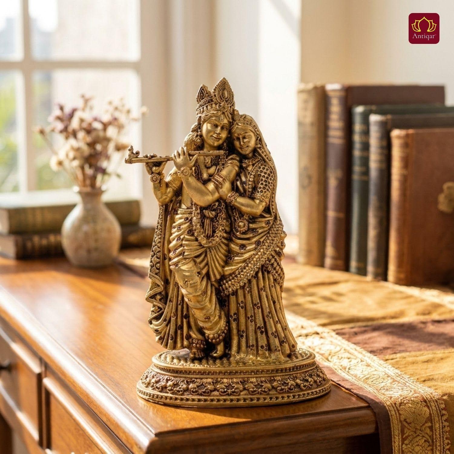 Brass Radhakrishna Idol 9.5cm | Antique Golden Finish Designer Radha Krishna Statue | Handcrafted Brass Murti for Pooja Temple Home