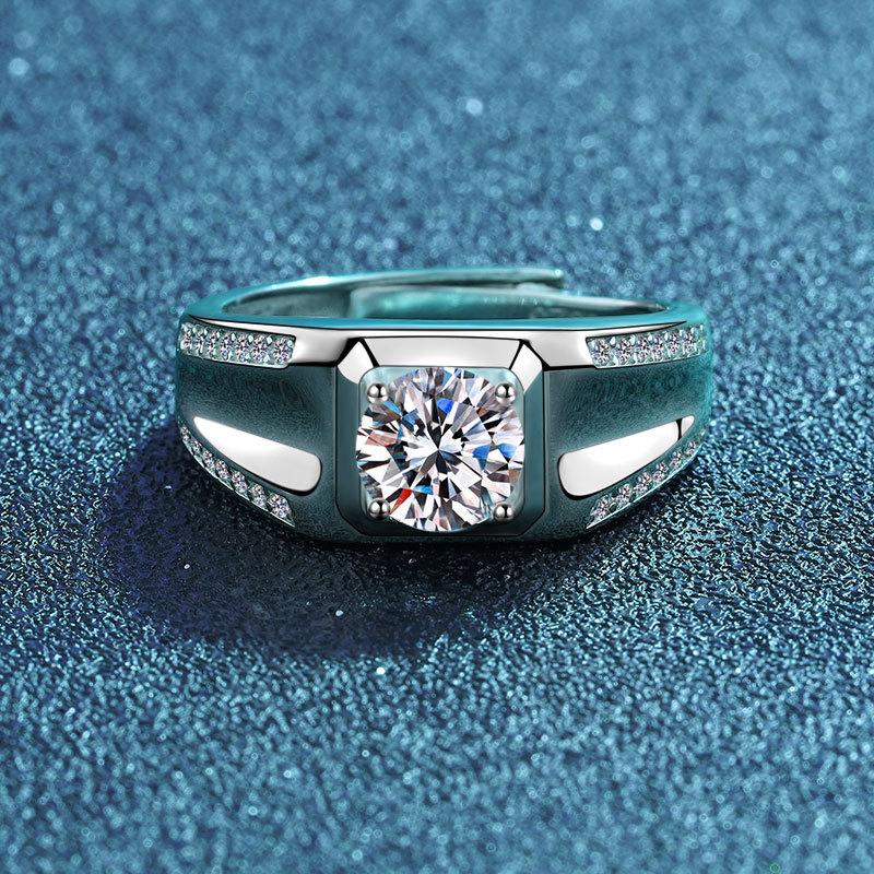 S925 Silver Four-Claw Ring Men'S Guochao Double Row Diamond Open Ring One Carat Domineering Couple Ring