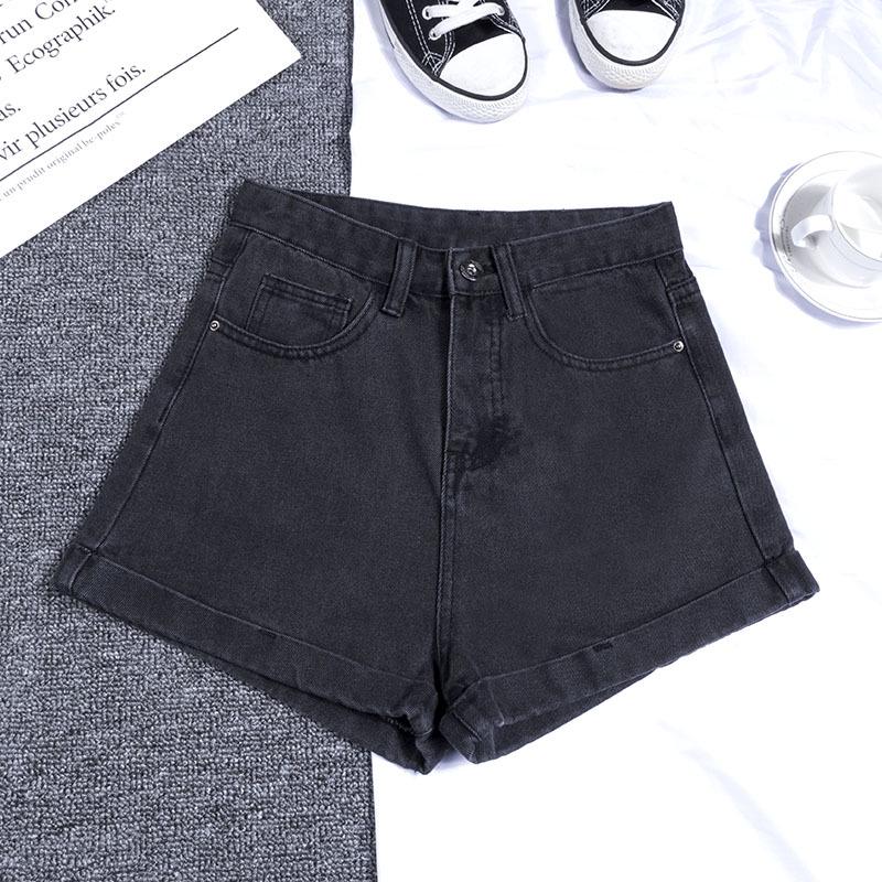 

2021 Women s Black High-Waisted Denim Shorts - Summer Korean Style Loose Cuffed Slimming Wide Leg Hot Pants 2XL чёрный