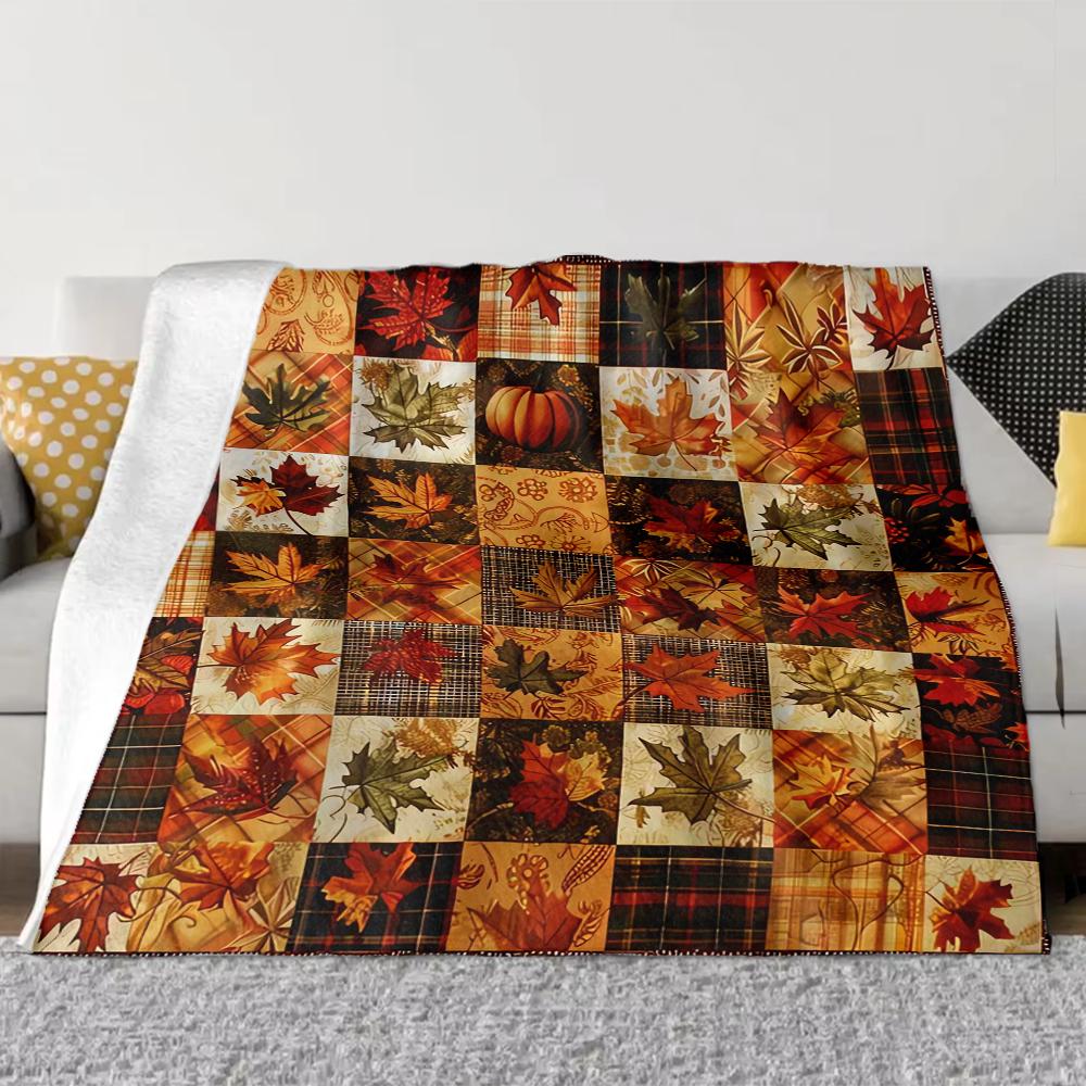 1 Stück Vintage Herbst Kürbis und Ahornblatt Karodruck, Ganzjahresleichte Nickdecke für Sofa, Bett, Büro, Auto, Camping, Reise