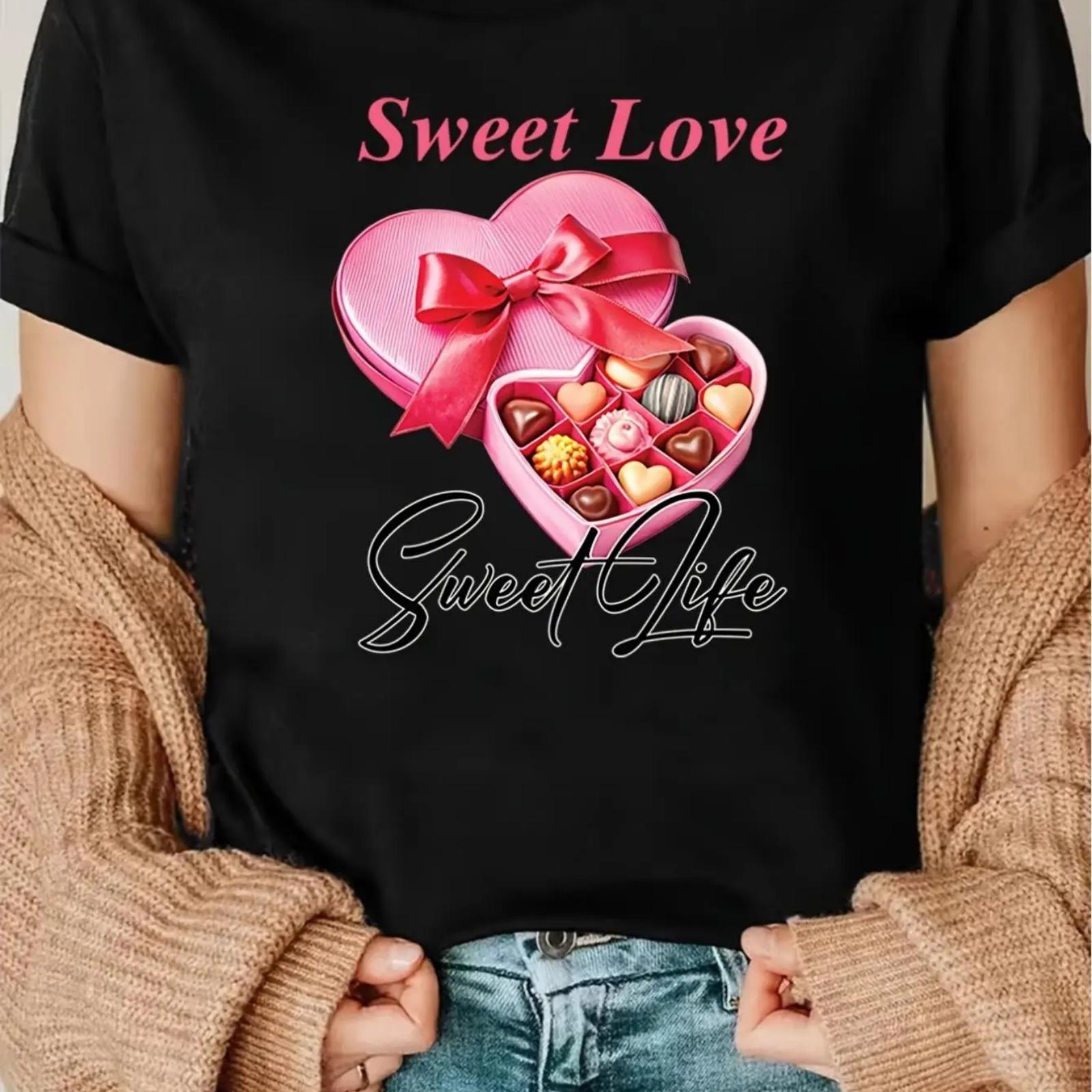 

1pc Women s Casual T-Shirt with Sweet Love Heart & Chocolate Gift Box Print, Short Sleeve, Round Neck, Breathable Knit Fabric, L XXXXXL різнокольоровий