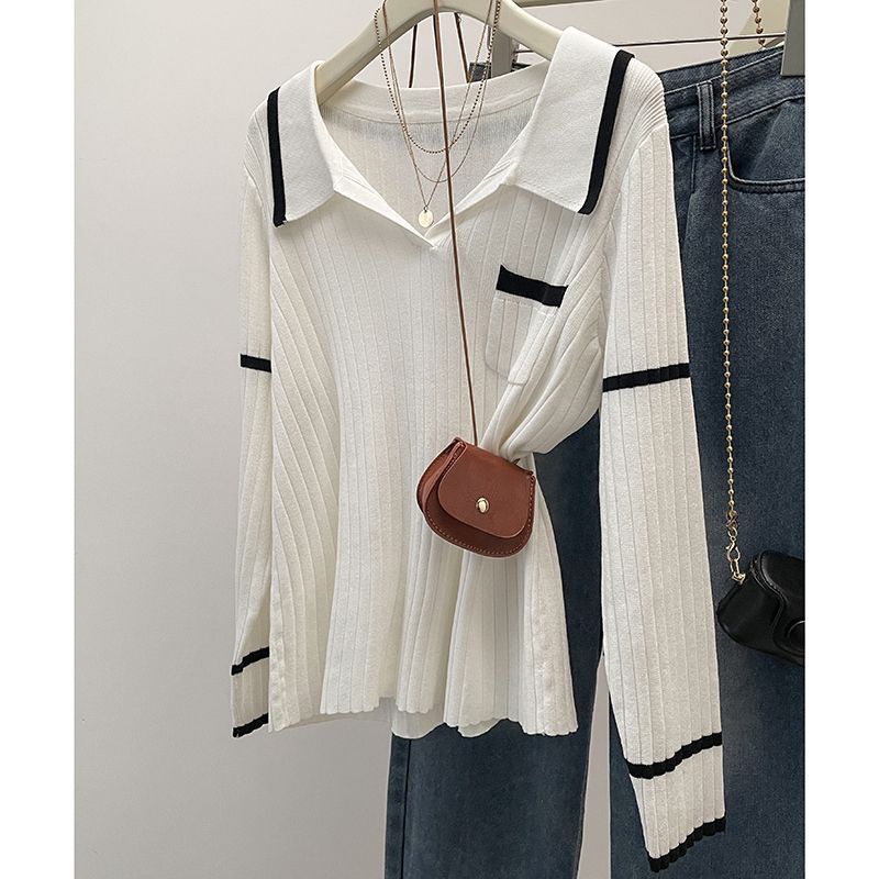 

Lapel pit strip knitted sweater women s autumn and winter fat mm design sense contrasting colors loose and thin shoulder top one size fits all белый