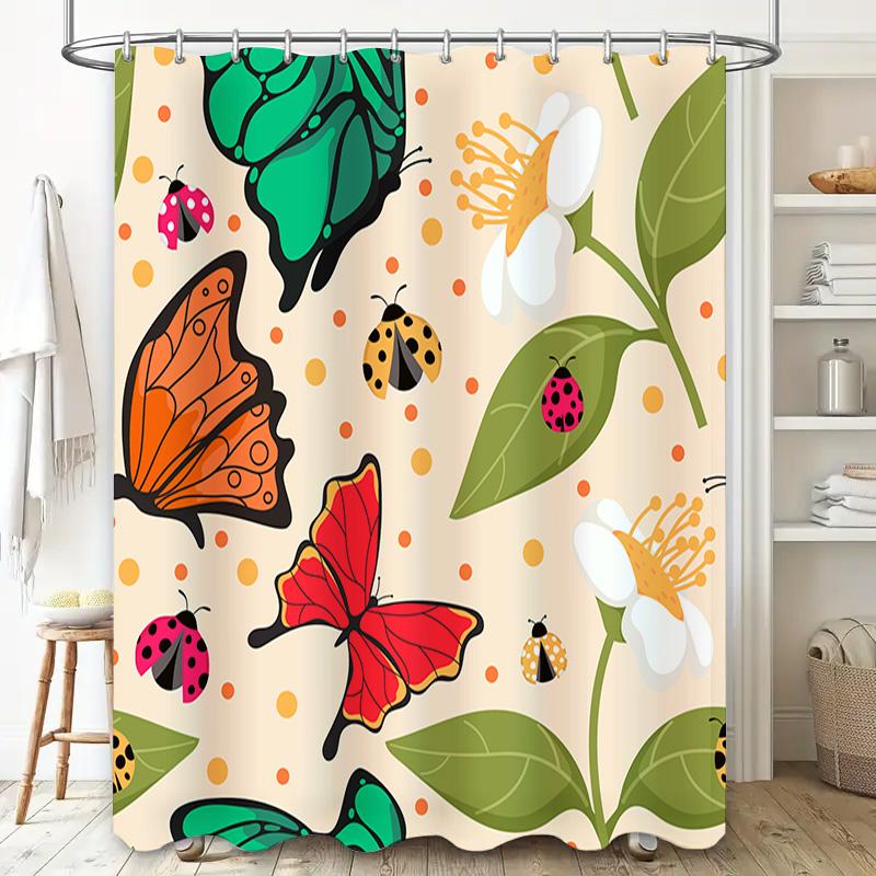 Colorful Butterfly Ladybug Shower Curtain Set For Bathroom Decor Floral Print Waterproof Fabric Shower Curtains With Hooks (Whit
