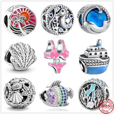 New 925 Sterling Silver Shell Bikini Steamship Fish Pendant Bead Charm Fit Original  Bracelet for Women DIY Jewelry Gift