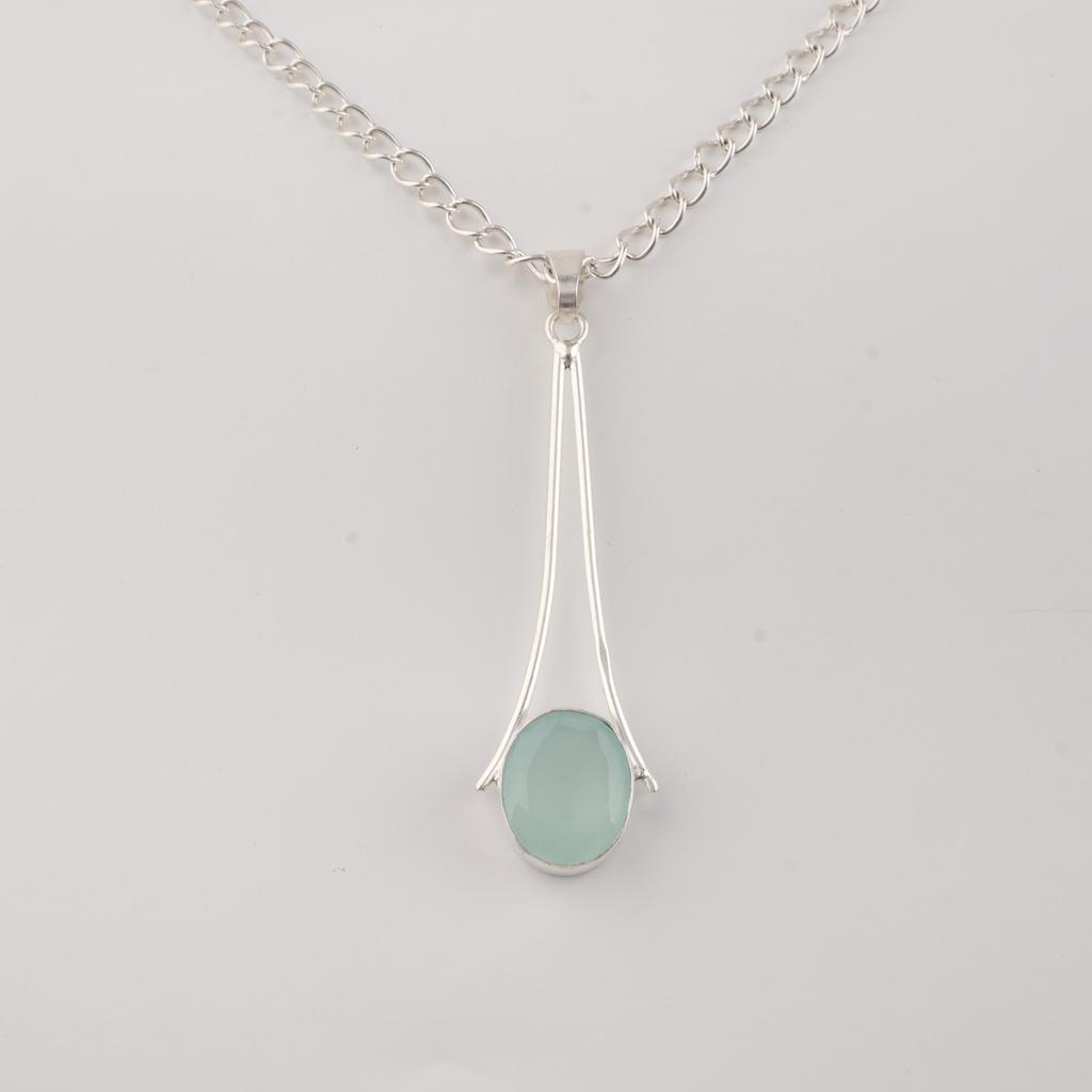 Aqua Chalcedony Gemstone 925 Sterling Silver Jewelry Handmade Elegant Pendant 1.79" For Anniversary Gift PP-69-17