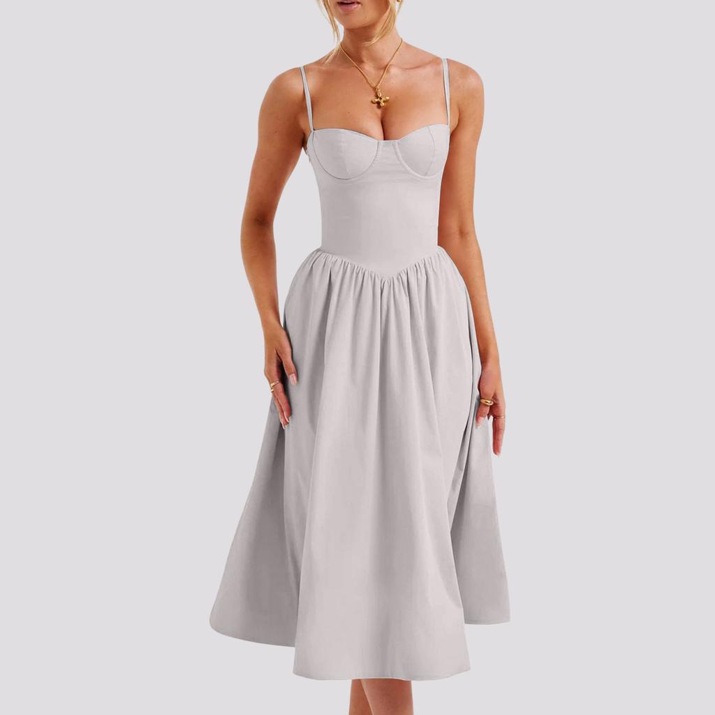 Women's Summer A-Line Midi Dress Sleeveless Spaghetti Strap Slim Fit Waist Casual Dress