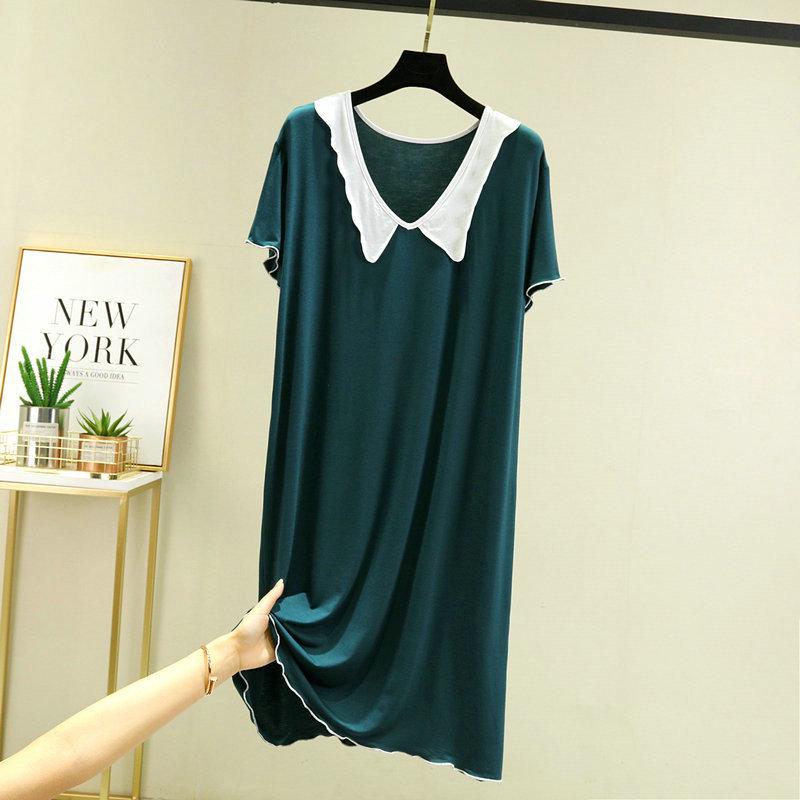 Modal Cotton Doll Collar Nightdress - Short Sleeve, Medium-Long, Loose Fit for Women
