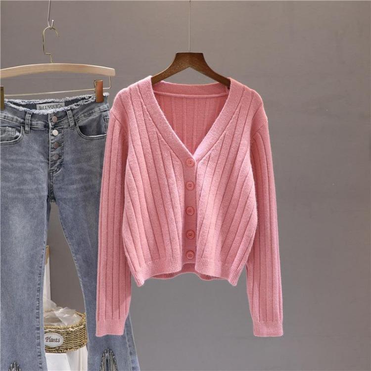 Women's V Neck Knitted Cardigan Short Jacket Loose Long Sleeve Autumn Versatile Outfit Top Sweater