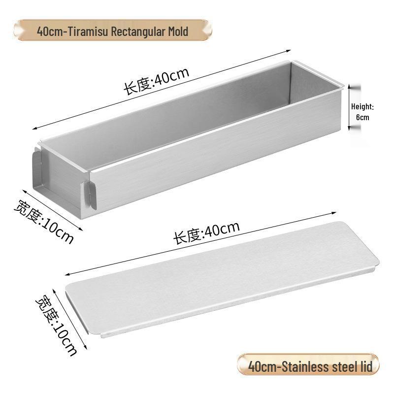 Tiramisu Set: Rectangle Stainless Steel Mold, Cake Base, Long Tray, and Spatula.