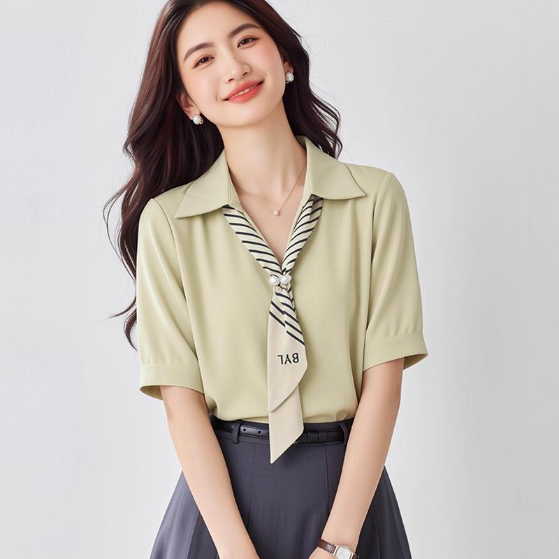 2026 Элегантная белая шифоновая рубашка со съемным шелковым шарфом Large