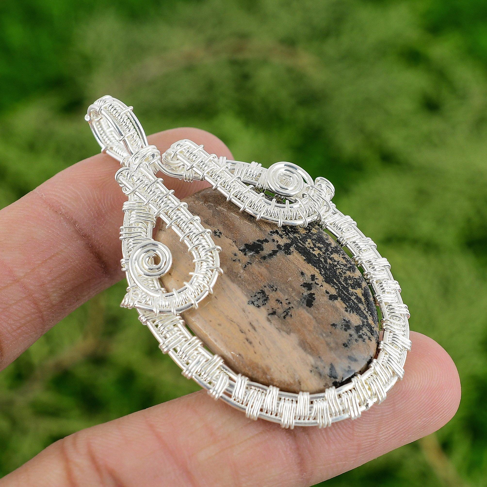 

925 Silver Oval Honey Dendrite Opal Gemstone Trendy Wire Wrapped Pendant Jewelry