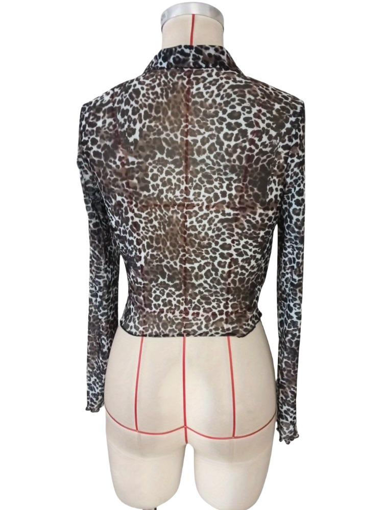 Y2K Leopard Printed Mesh Single-breasted Wooden-ear Rimmed Long-sleeved Short Section Blouses Tops for Women Versatile Closet Essential Fashion Shirt