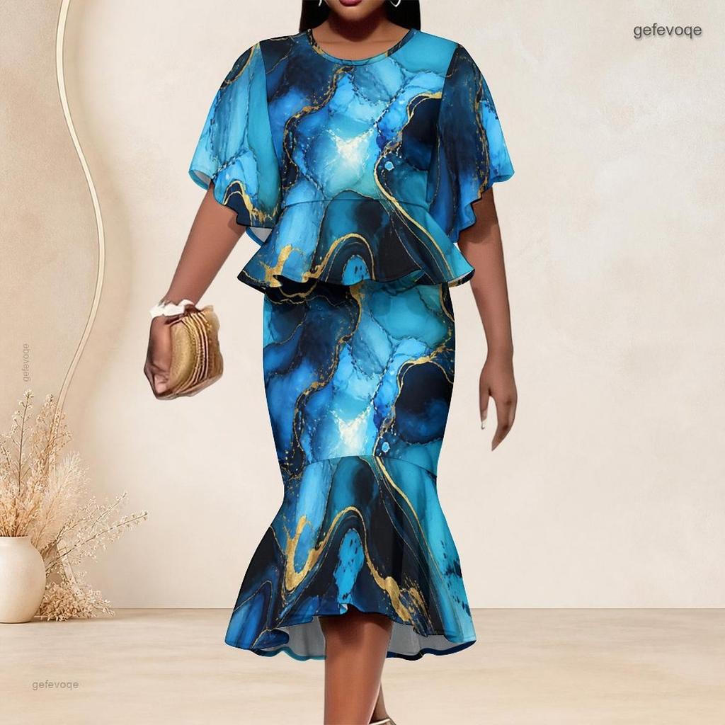 Women Plus Size Blue Gold Printed Round Neck Batwing Sleeve Ruffle Hem Top Fishtail Skirt Two Piece Set
