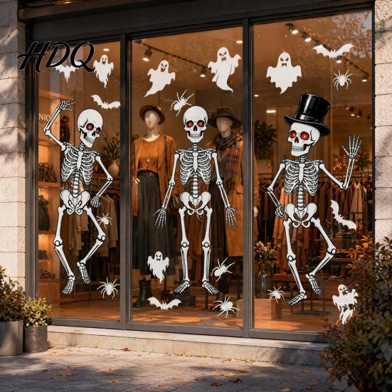 Removable Glass Sticker 3Pcs Halloween Skeleton Stickers Waterproof PVC Window Clings Static Decals Stickers for Home Living Room Bedroom