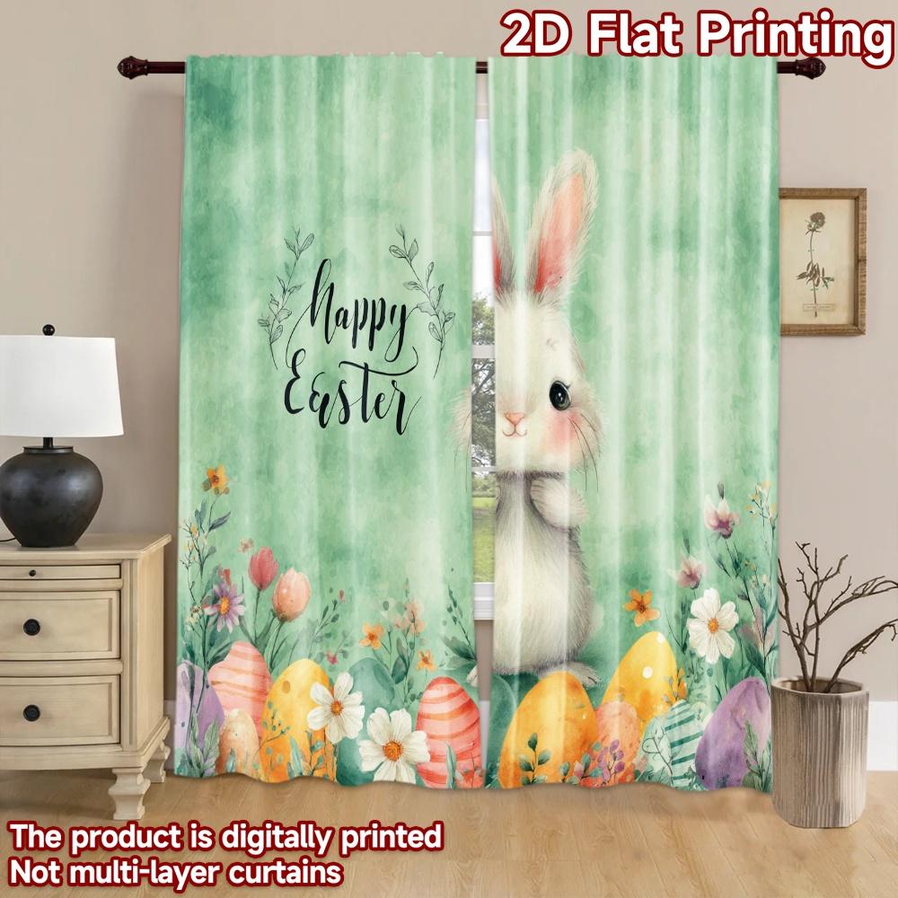 2D Flat Printing 2pcs Window Treatment Curtains Easter Bunny Flowers Eggs Digital Printed Polyester Drapes Birthday Party for