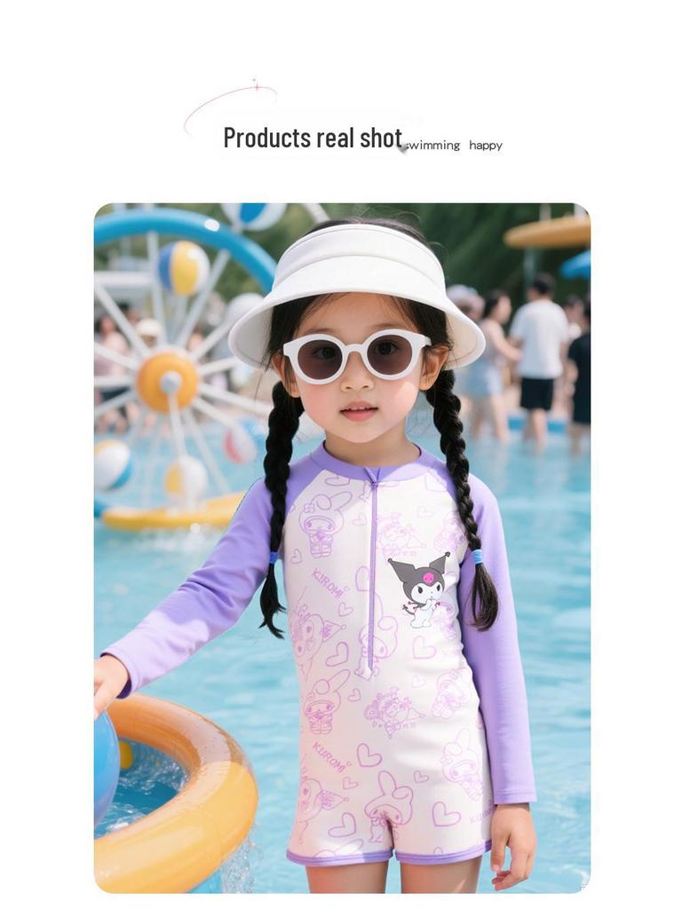 Kuromi Girls' Long Sleeve Sun Protection One-Piece Swimsuit for Kids - Professional Training Boxer Style