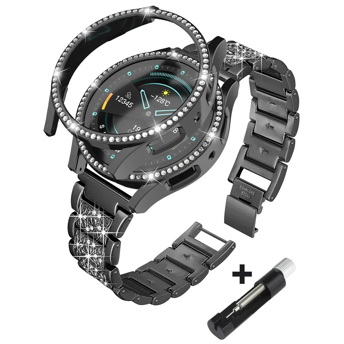 

Металевий Ремінець+Корпус для Samsung Galaxy Watch7 6 5 4 40мм 44мм Ремінець Жіночий Нержавіюча Сталь Алмазний Браслет & Захисний Бампер Аксесуар Galaxy watch7 44mm чорний