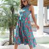 Vintage Halter Sleeveless Long Dress Women Lace Up Strap Print Spring Summer Holiday S-XL