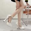 2025 Summer New Fashion Satin High Heel Sandal Bow One-line Buckle Pointed Thick Heel Women's Pumps Wedding Shoes