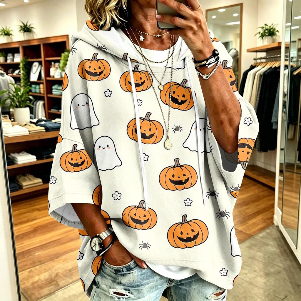 Women's Hoodie with Halloween Print, Loose Fit Casual Pullover Top